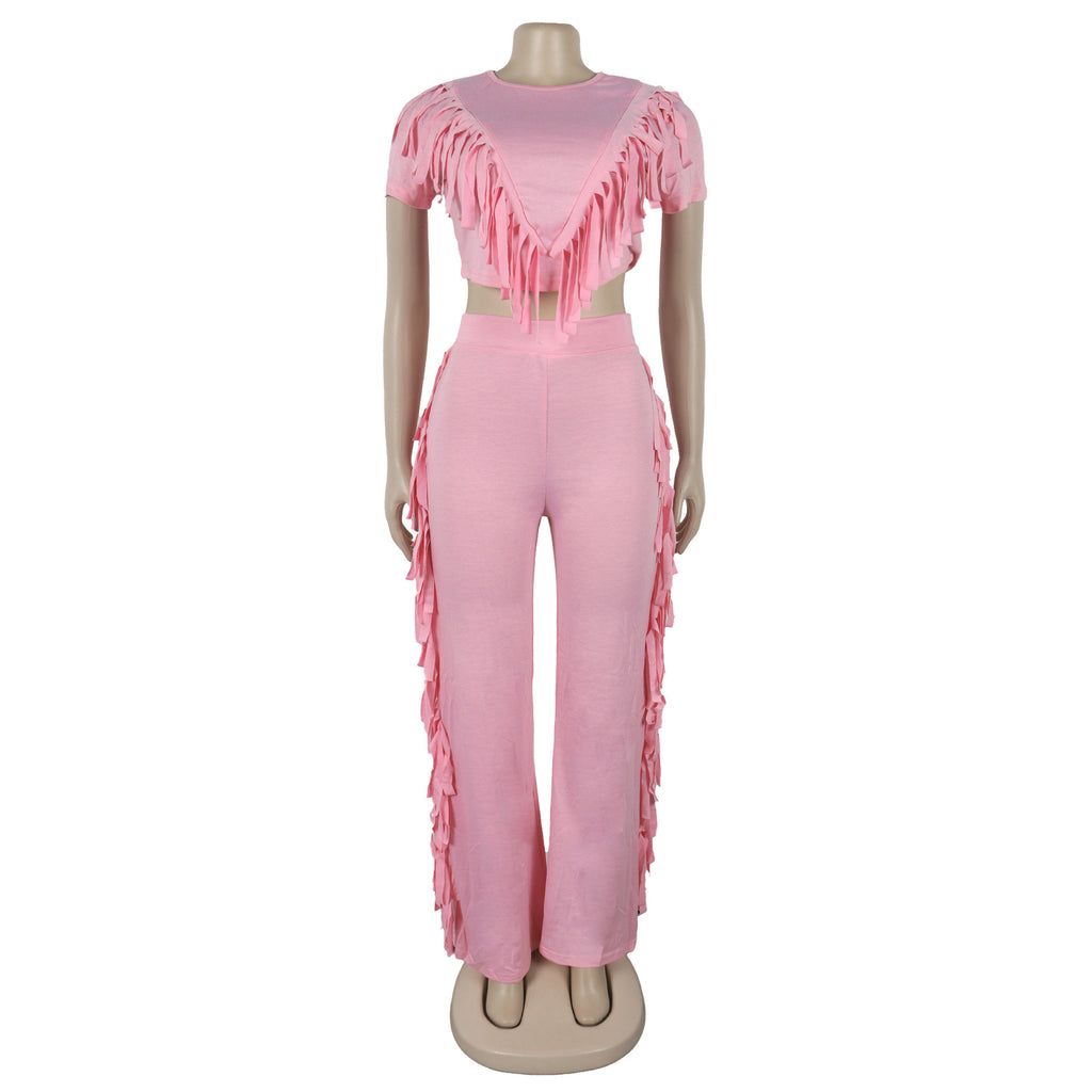 Comfort And Casual Tassel Top Wide Leg Pants Suit Two-piece Set