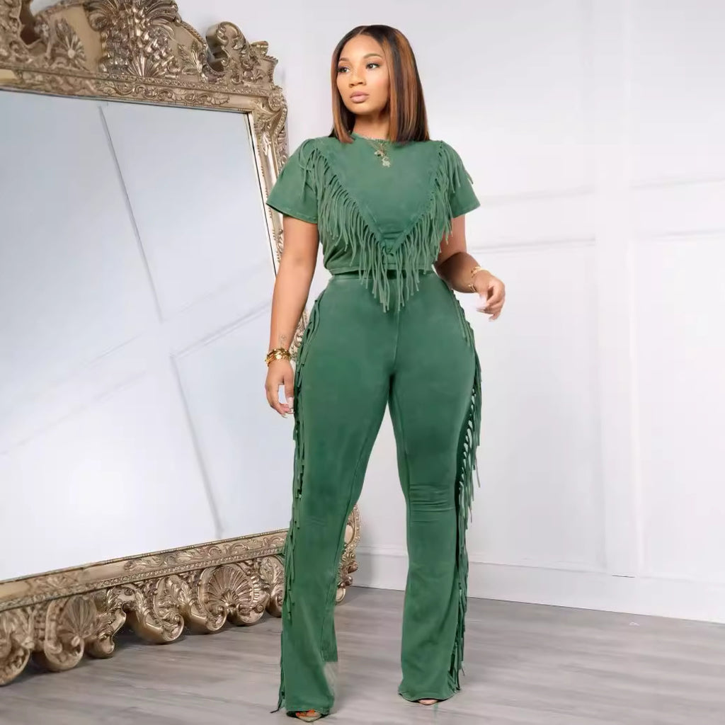 Comfort And Casual Tassel Top Wide Leg Pants Suit Two-piece Set