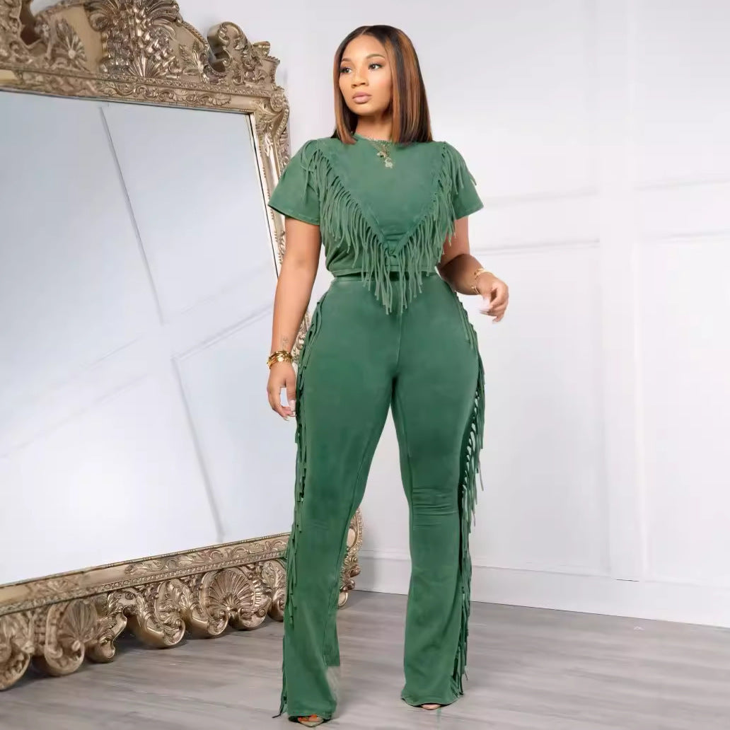 Comfort And Casual Tassel Top Wide Leg Pants Suit Two-piece Set