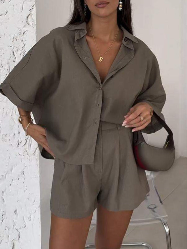 Fashion Polo Collar Half Sleeve Top And Shorts Two-piece Set