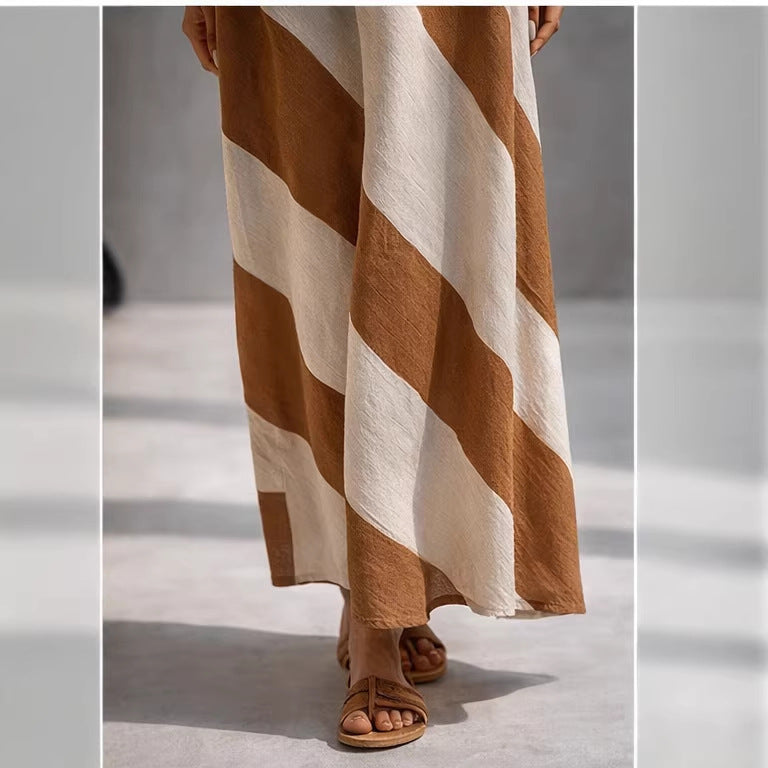 Women's Cotton-Linen Striped Colorblock Dress