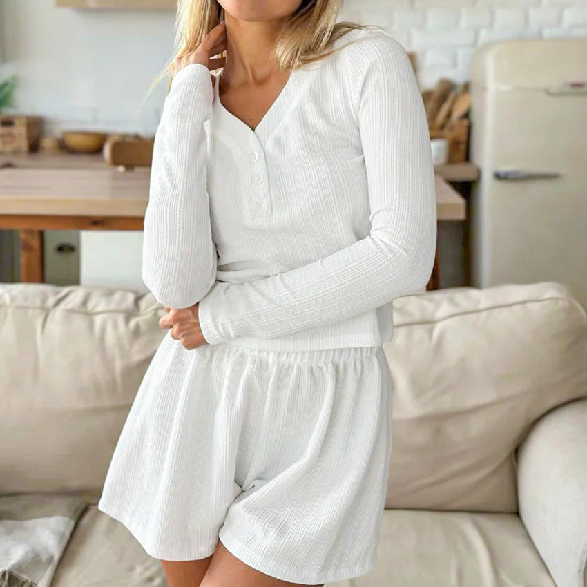 White Knitted Fabric Jacquard Long Sleeve Shorts Two-piece Set