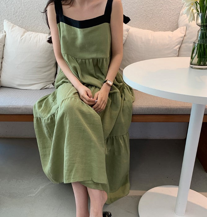 Long Sleeveless Cotton And Linen Dress