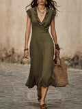 V-neck Cotton-Linen Flutter Sleeve Ruffle-trimmed Midi Dress For Women
